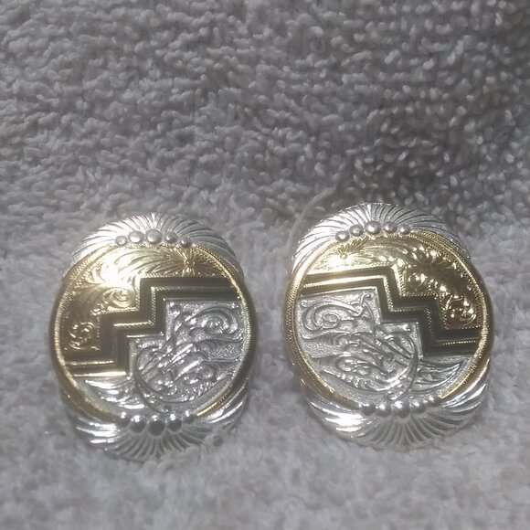 Montana Silversmiths Large Oval Stud Earring Set Aztec Silver Gold Design Great - Picture 1 of 8